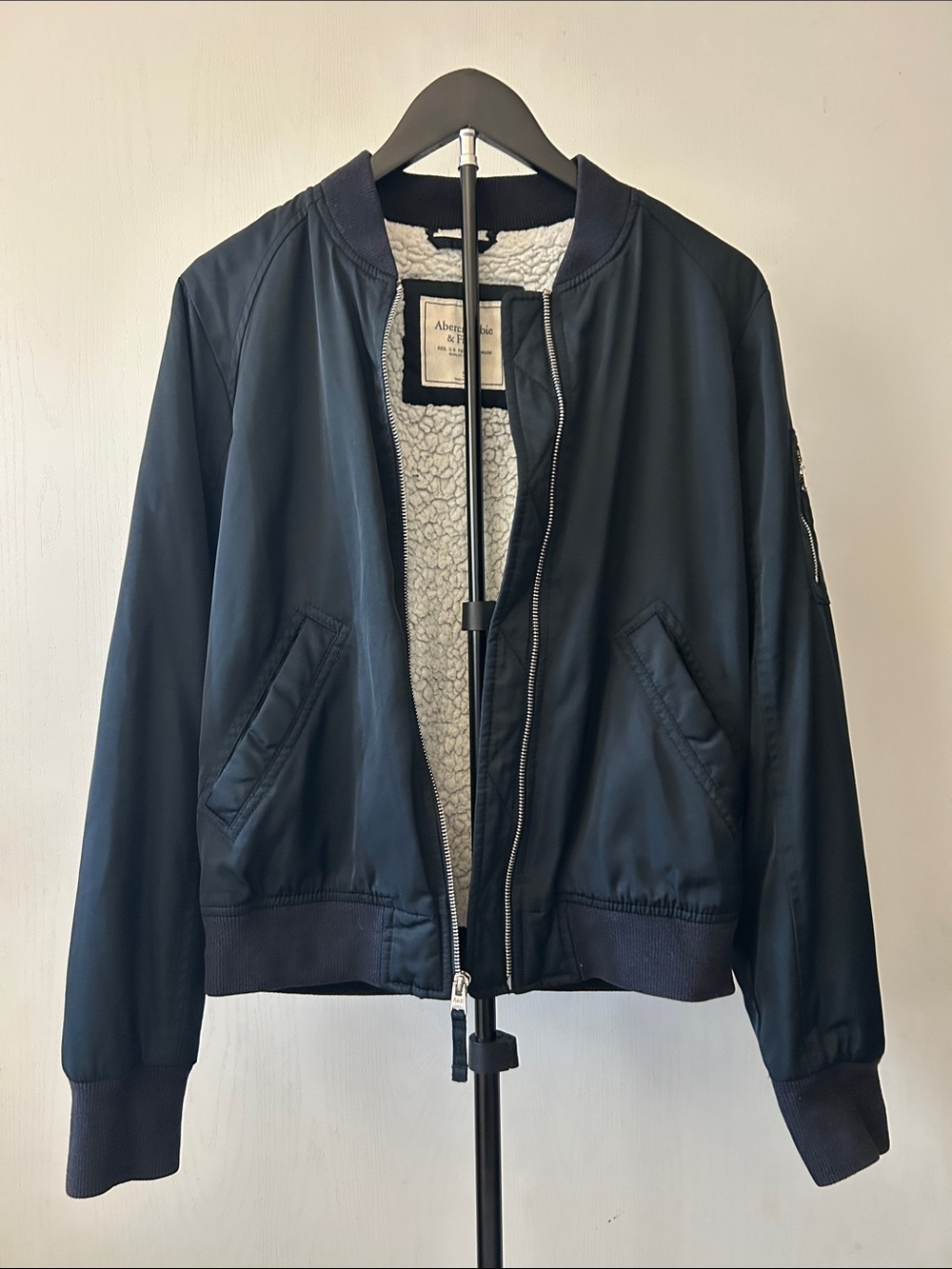 Abercrombie & Fitch Black Sherpa Lined Zip Up Bomber Jacket